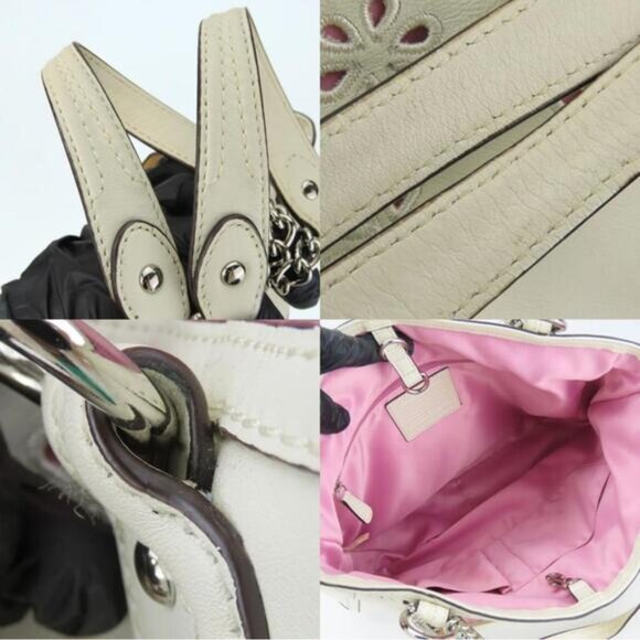 Coach Poppy Daisy Eyelet Leather Chain Tote Bag Ivory & Pink | Style #22438 GUC - Picture 6 of 17